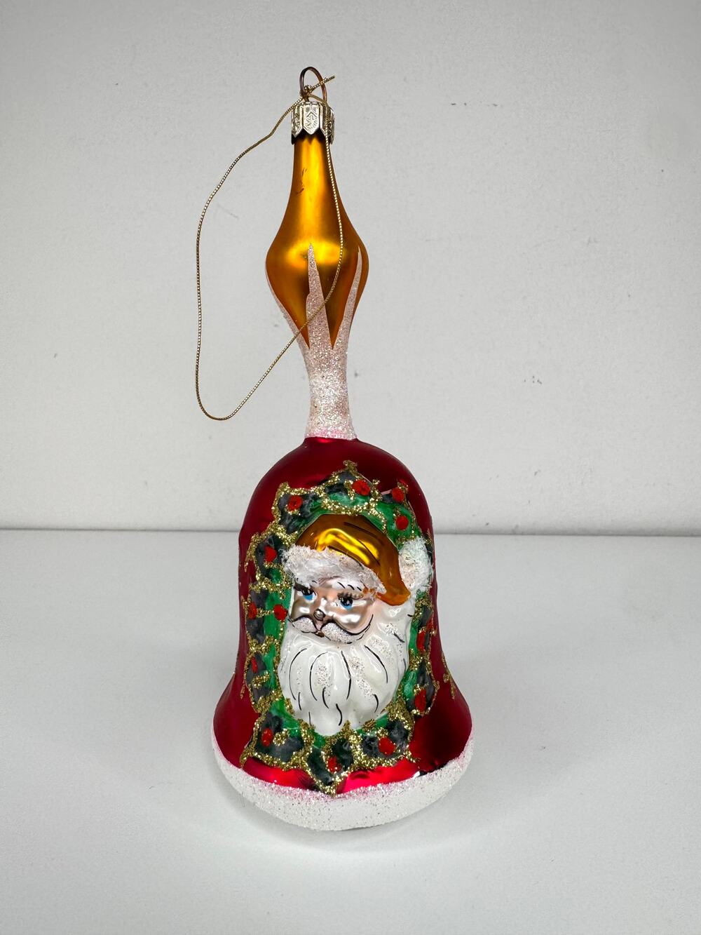 Vintage Hand Blown Glass Santa Bell Christmas Ornament Glitter 6"